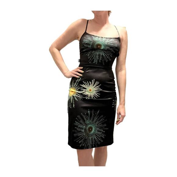 Moschino Y2K 90s Satin Scoop Back Printed BodyCon Spaghetti Strap Dress Black 6 - Picture 1 of 14